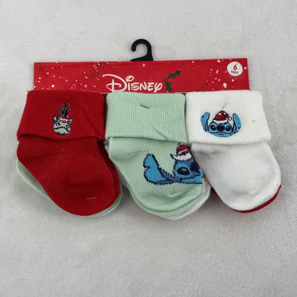 Disney Stitch Christmas Socks Baby Infant 6 Pack Holiday Theme New